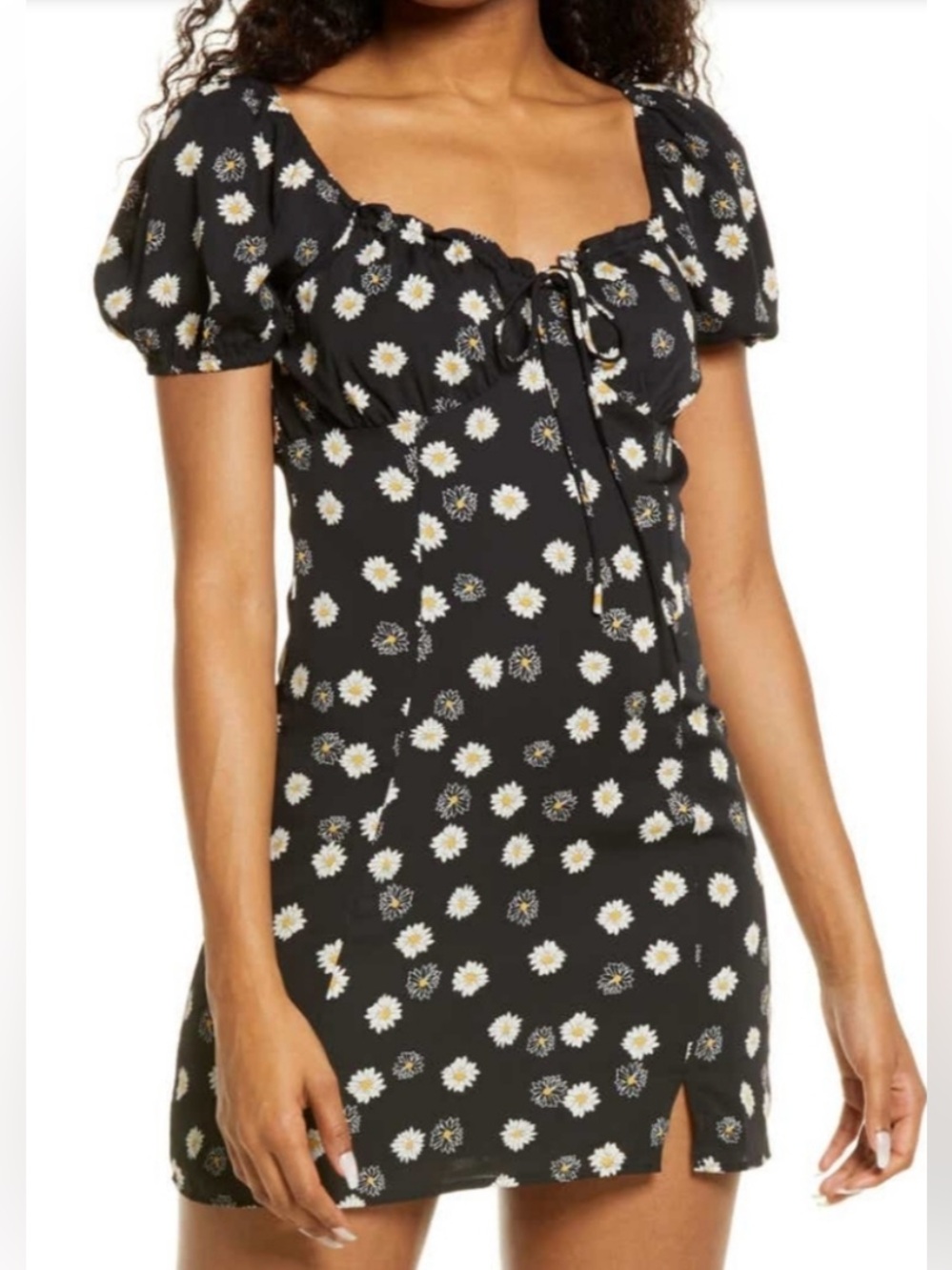 BP. Nordstrom Women Black Ditsy Floral Rayon Tie Front Mini A-Line Dress